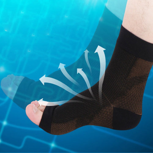 Pair of anti-fatigue compression socks designed for foot pain relief and all-day comfort