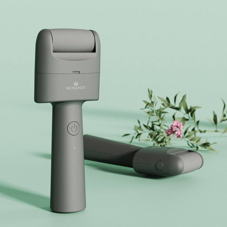 Electric foot callus remover device with USB charging and cleaning brush in white, gray, and green colors